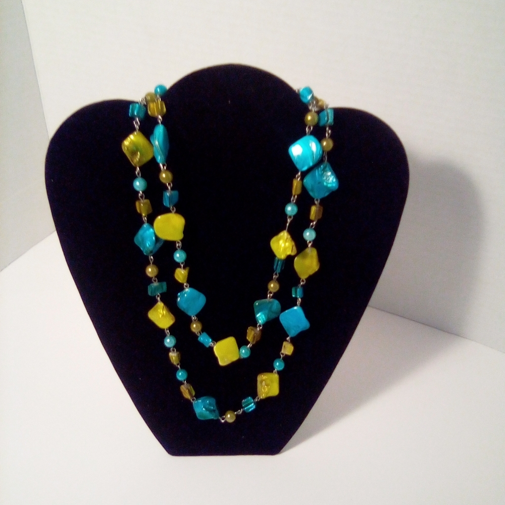 Boho Hippie Peasant Beads And Stones Blue Green Multicolor Long Necklace